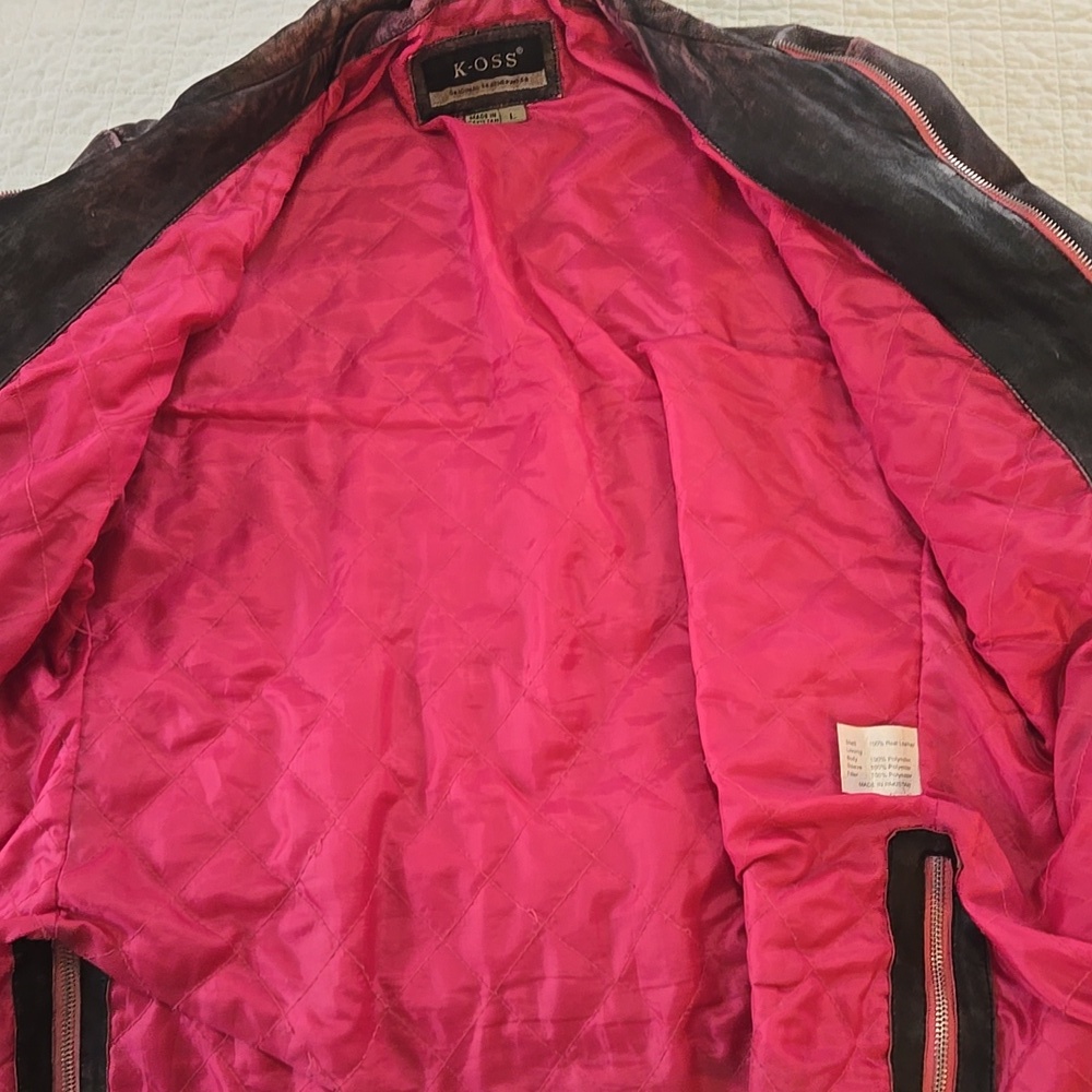 K OSS Womens Rasperry And Brown Distressed Leather Jacket Size Large - Picture 15 of 15